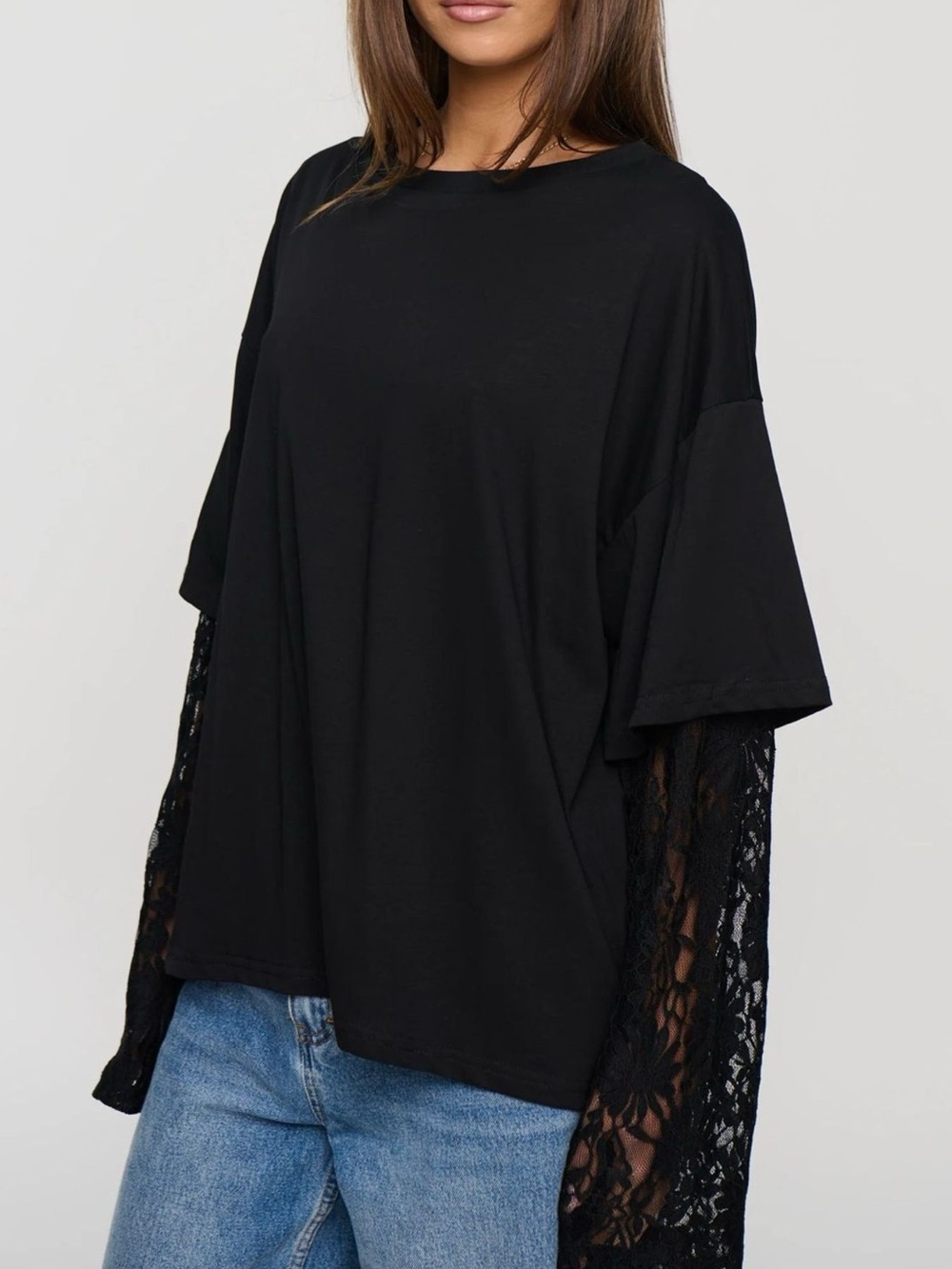 Layered Lace-Sleeve T-Shirt - Picture 9 of 12